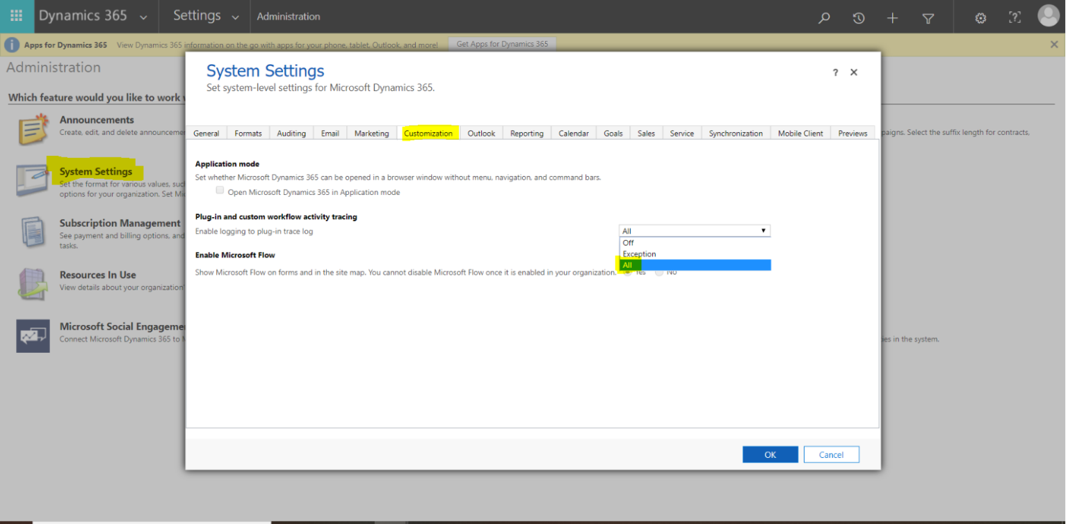 Plugin error log settings update in Dynamics CRM, Dynamics 365 Services